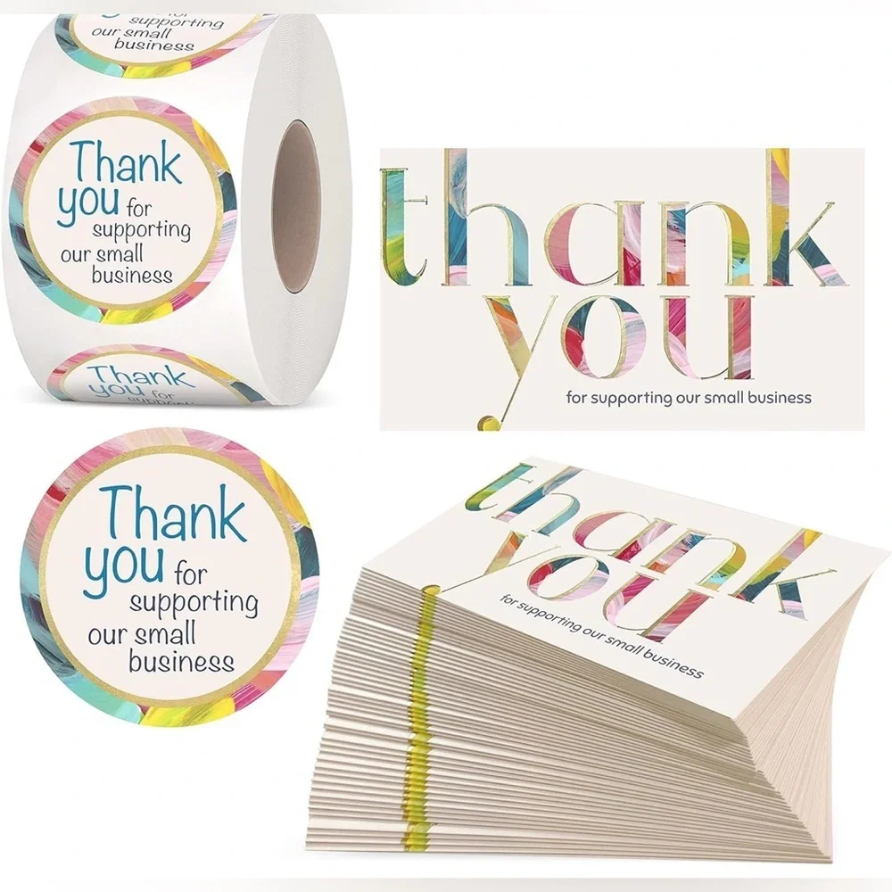 25 THANK YOU Business Cards + 25 Stickers, Starter Set, Colorful, Gold Foil